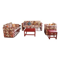 Himalayan Cane Sofa Set ( 3+2+1) with 1 Bamboo Centre Table and 2 Bamboo Corner Table, Floral, RoseWood
